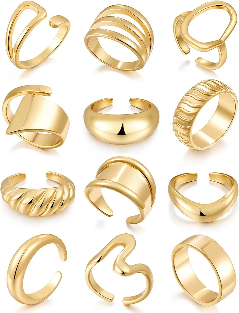 17mile Chunky Gold Stackable Rings for Women Non Tarnish, 18K Gold-Plated Statement Open Stacking Rings, Knuckle Band Ring Set - Image 1